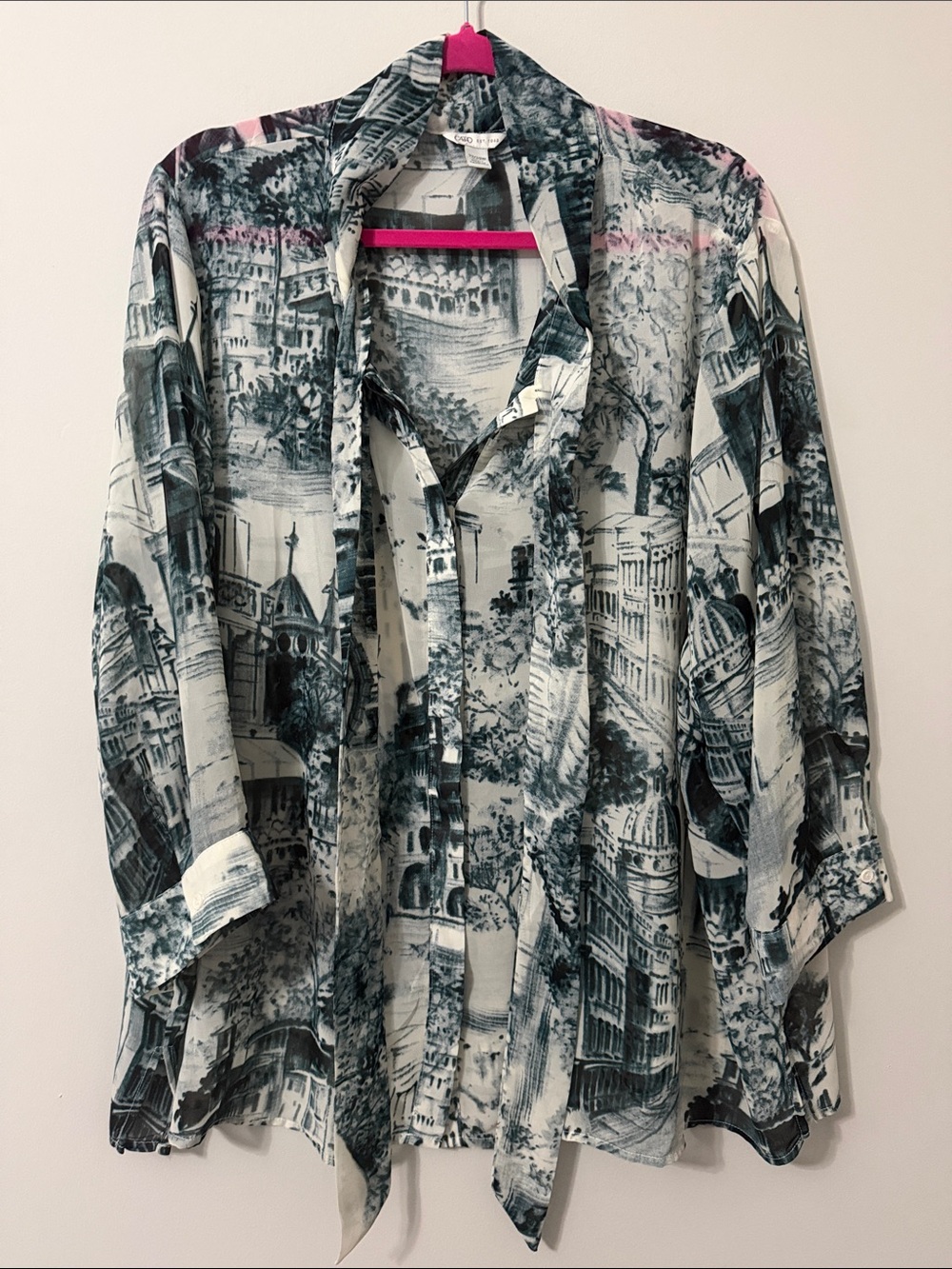 Cato Scenic Print Button-Up Blouse in Cream & Teal